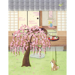 3D Postcard / Cherry blossoms and a Shiba Inu in the garden