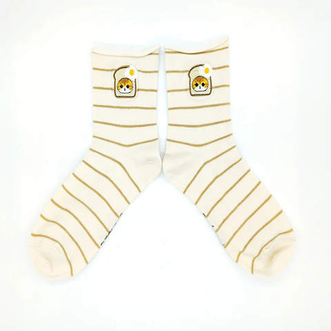 mofusand / Crew socks - Pan Nyan Embroidery Ivory