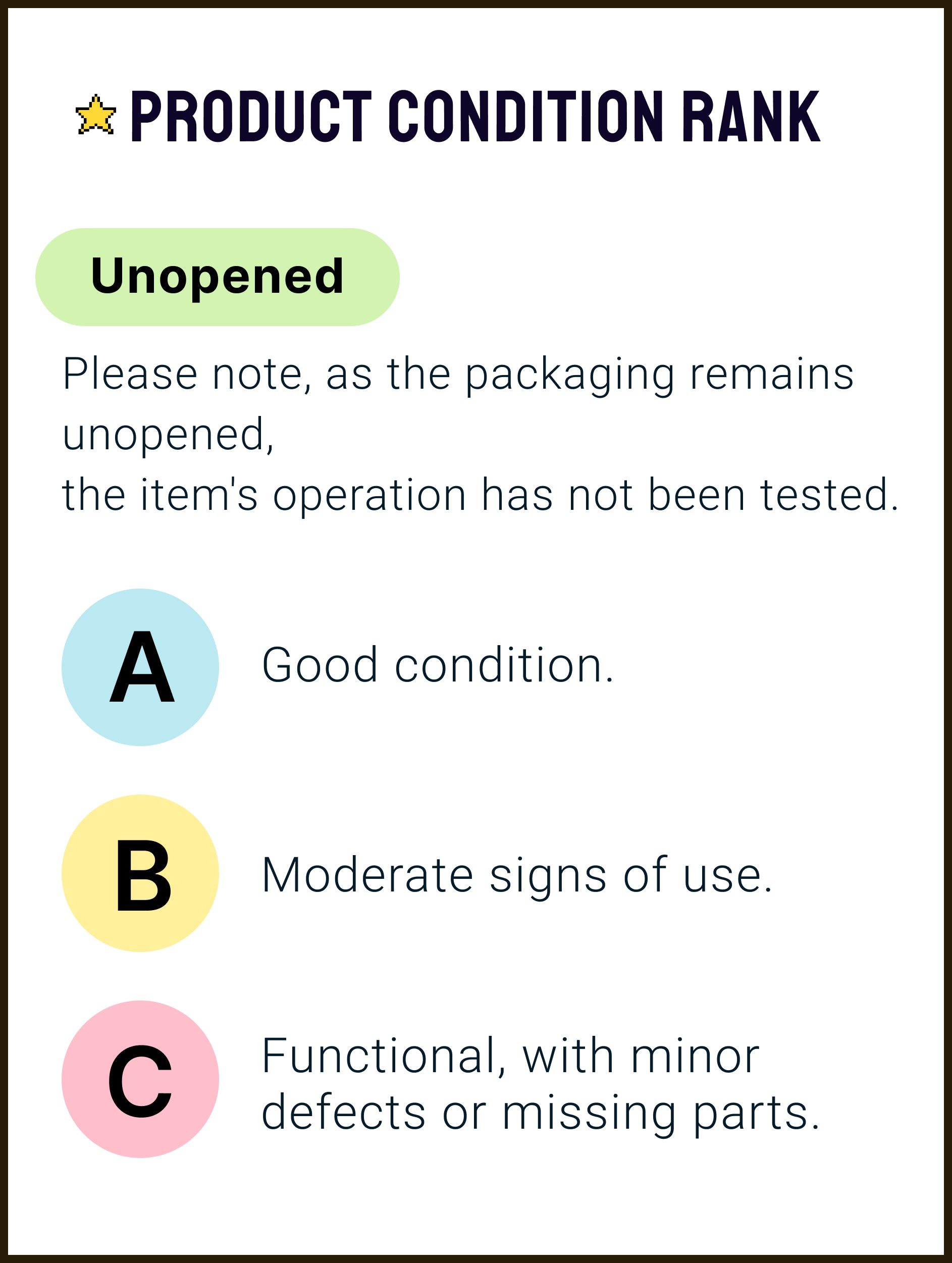 [PRODUCT CONDITION RANK] Unopened - Please note, as the packaging remains unopened, the item's operation has not been tested. A - Good condition. B - Moderate signs of use. C - Functional, with minor defects or missing parts.